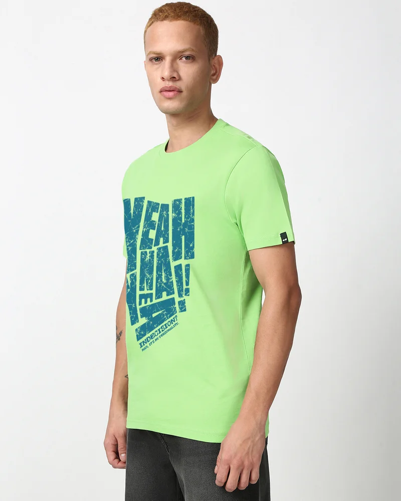 bewakoof Men's Jade Lime Green Yeah Nah Typography T-shirt